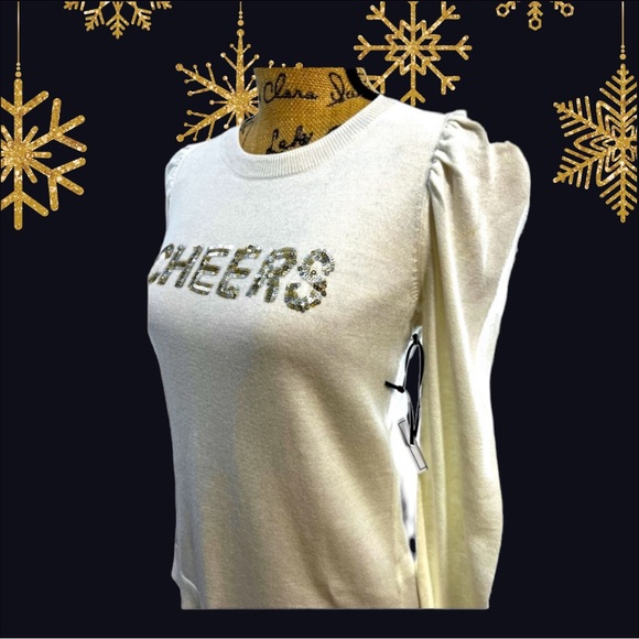 CHEERS Silver Sequin lightweight white long puff sleeves sweater NEW WITH TAGS - Picture 2 of 11